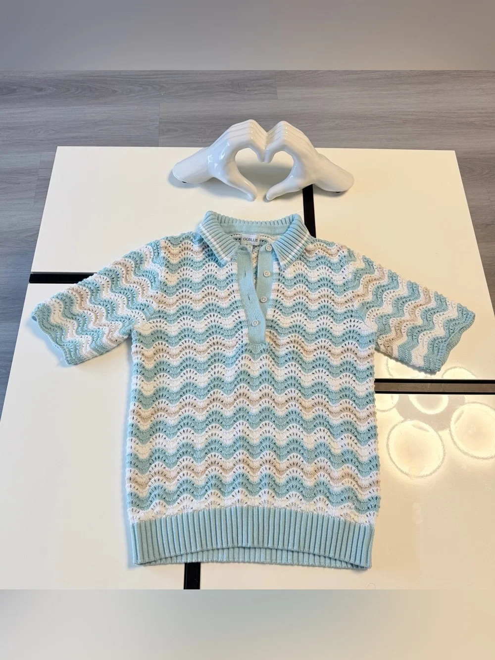 GG Blue Knit Polo Shirt Pastel Blue Chevron Wave Crochet Short Sleeve Cotton 🩵